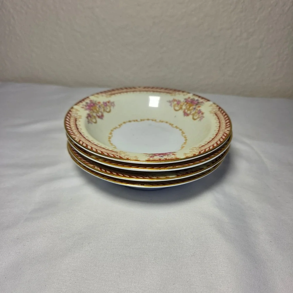 Noritake Japan Floral Fruit Bowls Set of 4 Gold Trim Red Border 5.5 Inch Vintage